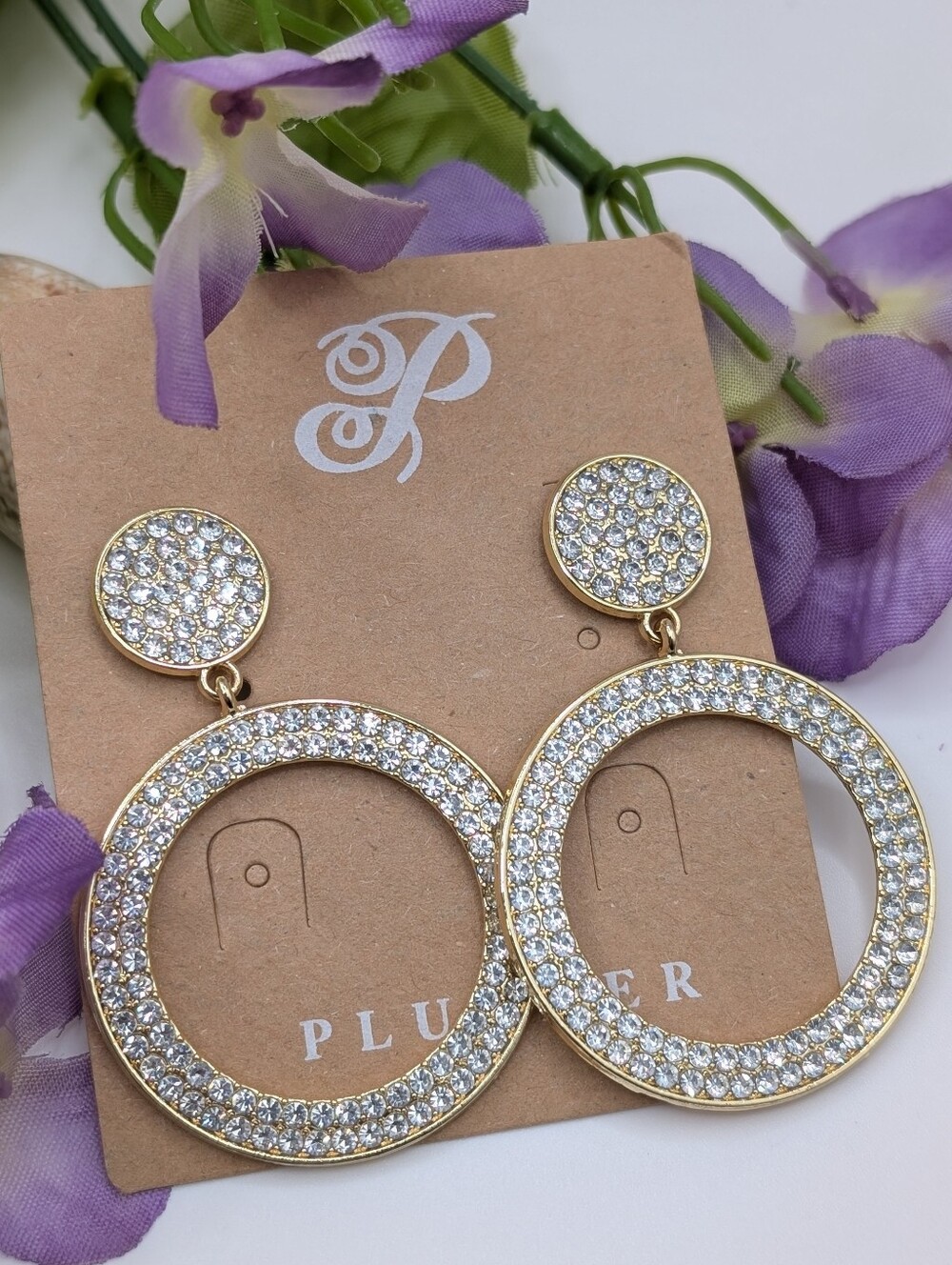 Plunder Gold Tone Pave Crystal Hoop Drop Earrings NEW!